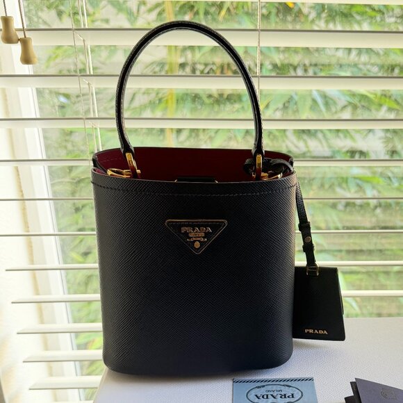 Authentic Prada Panier Small Black Saffiano Leather Bag with Red Interior - Picture 1 of 13